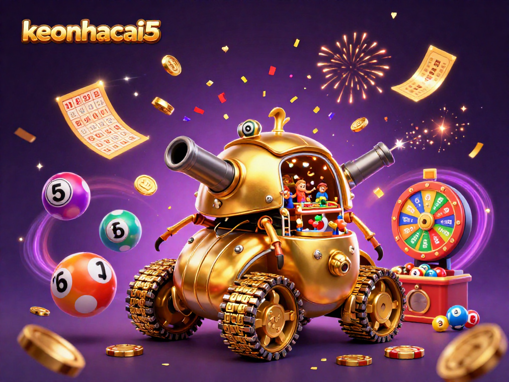 Experience the excitement of keonhacai5 with vibrant casino-themed 3D illustration showcasing dynamic lottery elements.