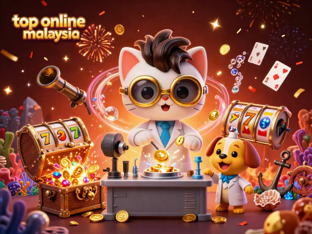 Engage with top online casino malaysia in a lively, colorful 3D scene filled with gold coins and fun elements.