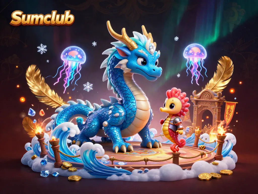 Engage with Sumclub's vibrant casino world, featuring an azure water dragon and seahorse knight.
