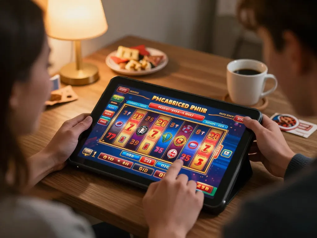 Person enjoying exciting rik vip slot games on a tablet in a cozy home environment.