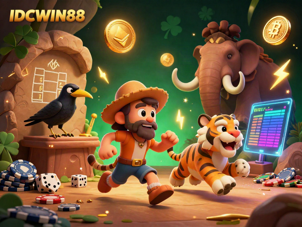 Experience thrilling gameplay at IDCWIN88 with neon cryptocurrency elements in a prehistoric casino setting.