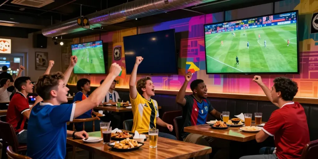 Fans enjoying live football at a sports bar with updates from gavangtv.study.