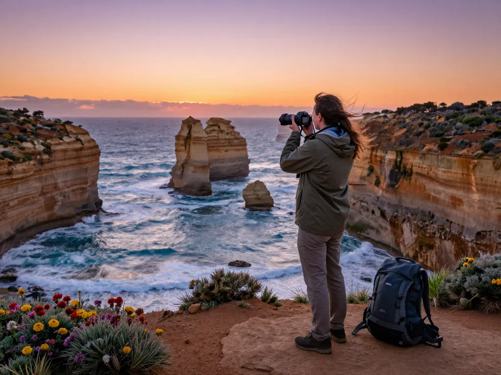 Stunning coastal vista in Australia during sunset with a traveler capturing the moment.