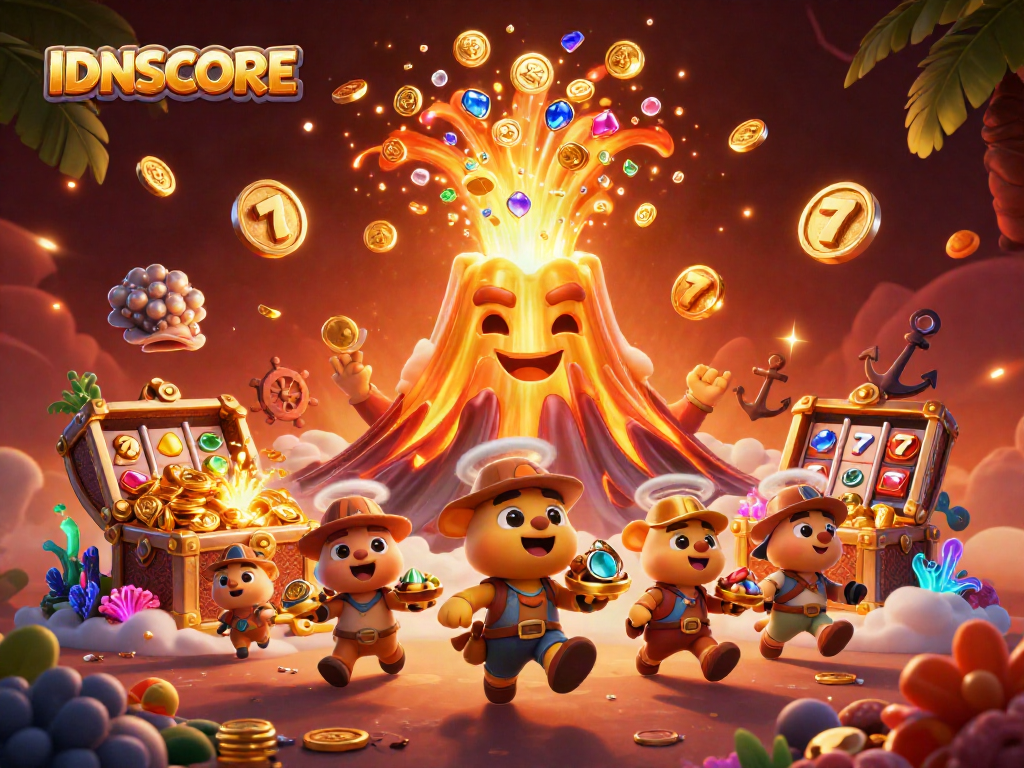IDNSCORE showcases an exciting online casino experience with vibrant 3D visuals of slot game elements.