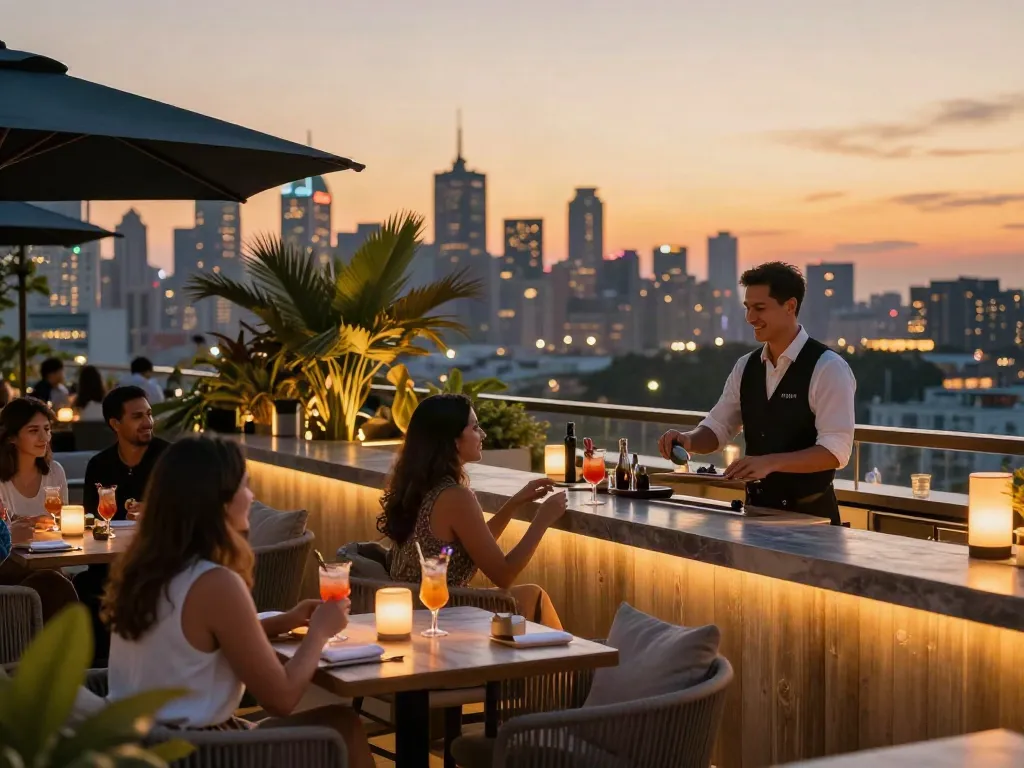 Guests enjoying cocktails at NOHU rooftop bar with city skyline view at sunset.