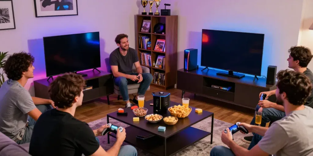 Men enjoying a lively game night at home with Manclub interface visible.