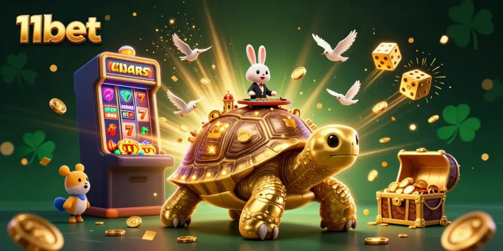Win big with 11bet at a vibrant casino, featuring a giant tortoise and a gold-filled jackpot