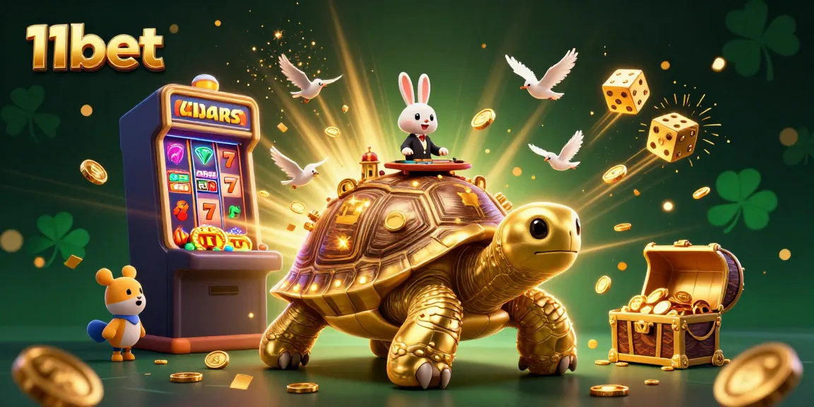 Win big with 11bet at a vibrant casino, featuring a giant tortoise and a gold-filled jackpot