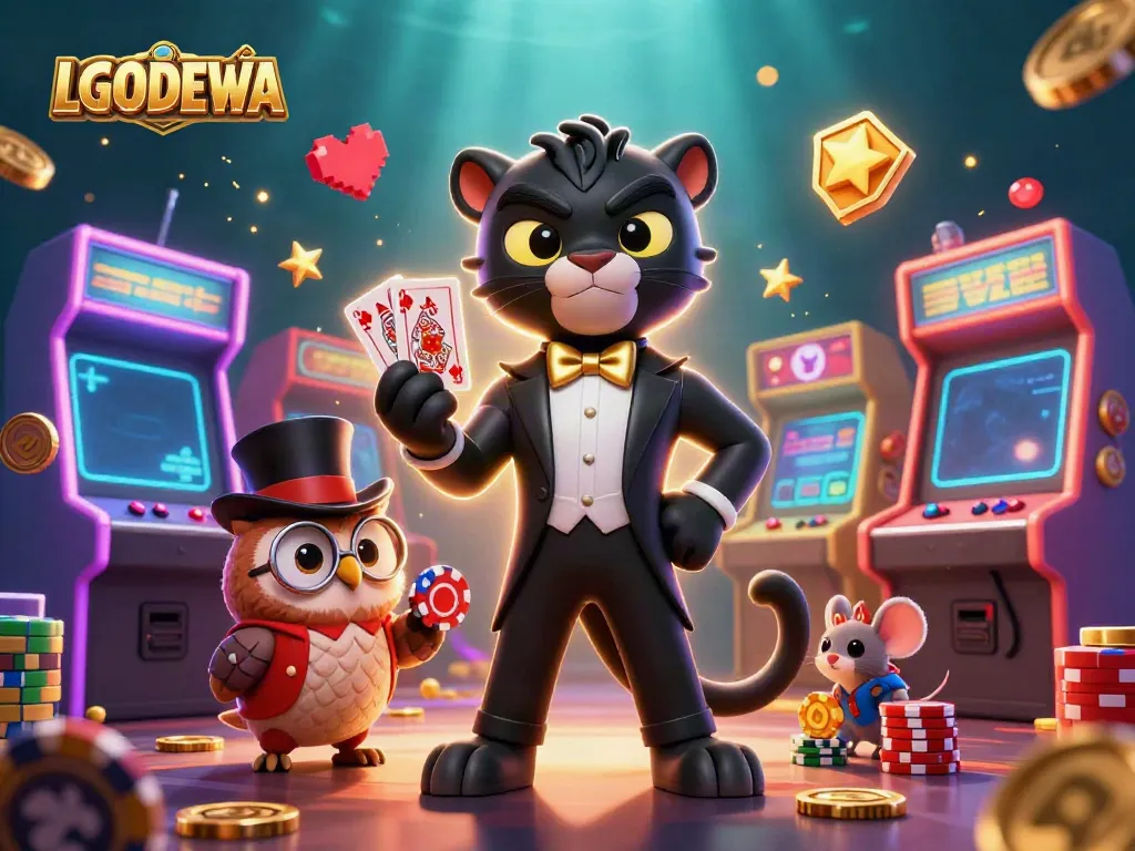 Engage with LGODEWA and experience a lively casino scene featuring characters and arcade machines.