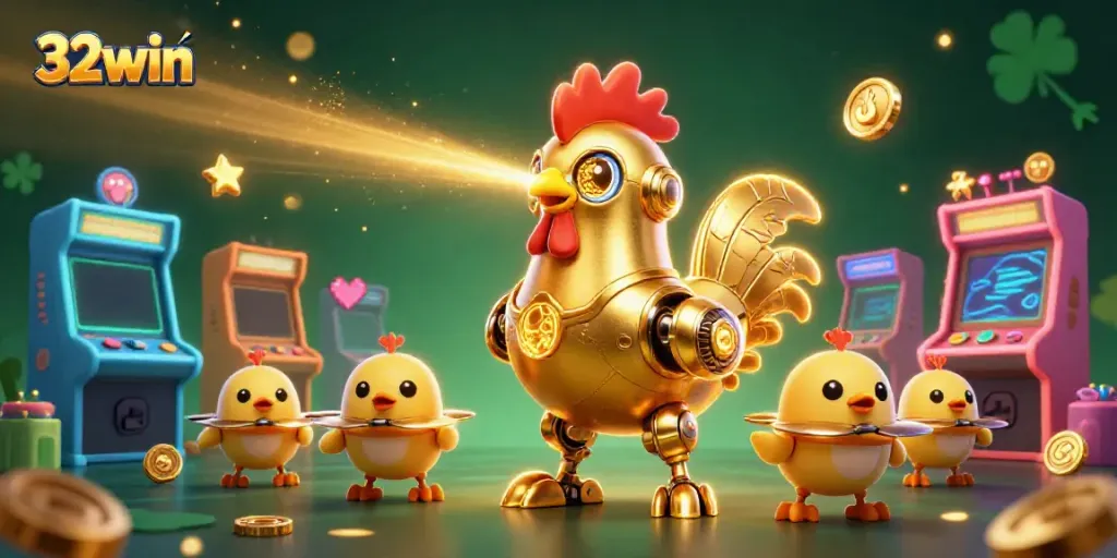 Experience thrilling wins with 32win in a colorful 3D casino adventure featuring vibrant characters and game machines.