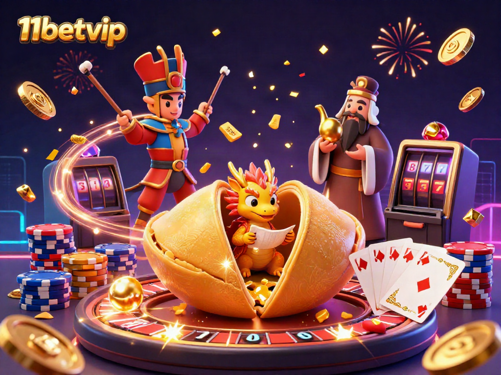 Experience thrilling games at 11betvip with a vibrant and colorful casino illustration showcasing lucky symbols and riches.