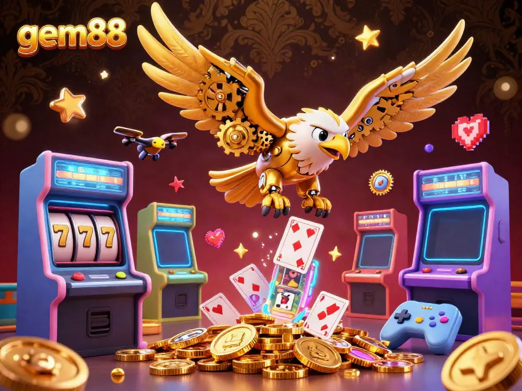 Experience the thrill of gem88 with a stunning 3D illustration showcasing cybernetic eagles and casino game elements.