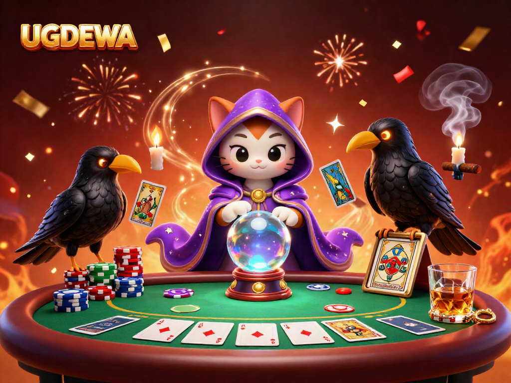 Engage in thrilling gameplay with UGDEWA at a vibrant poker table under festive lights.