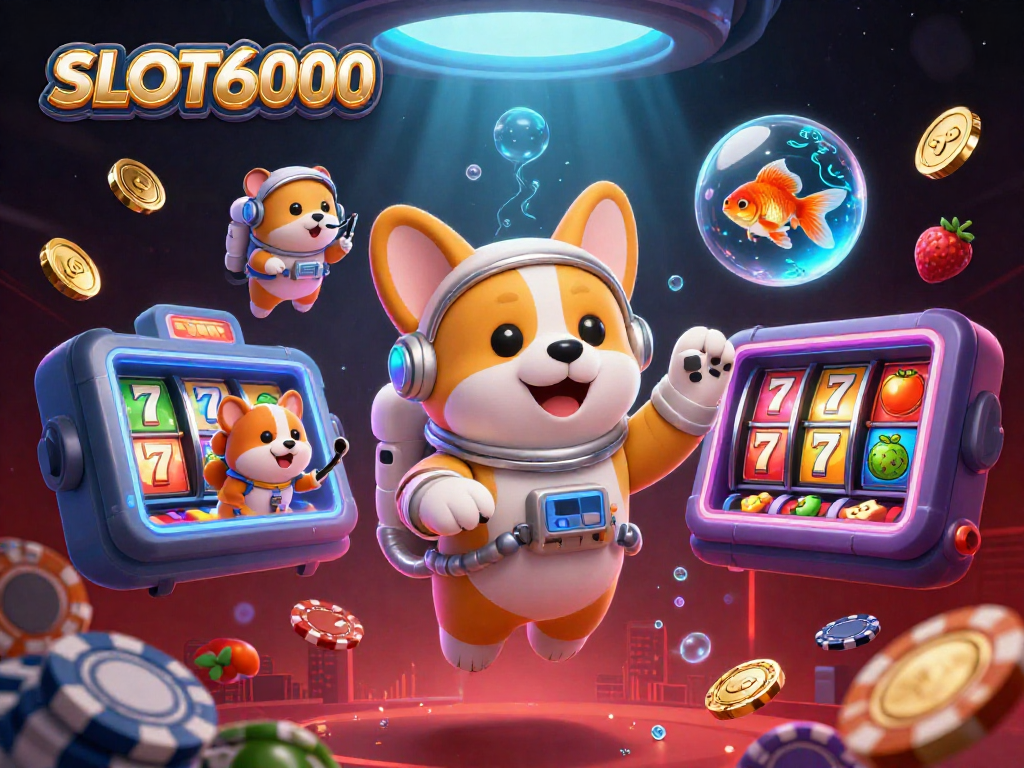 SLOT6000 and cartoon characters enjoying a zero-gravity casino experience with colorful slot reels.