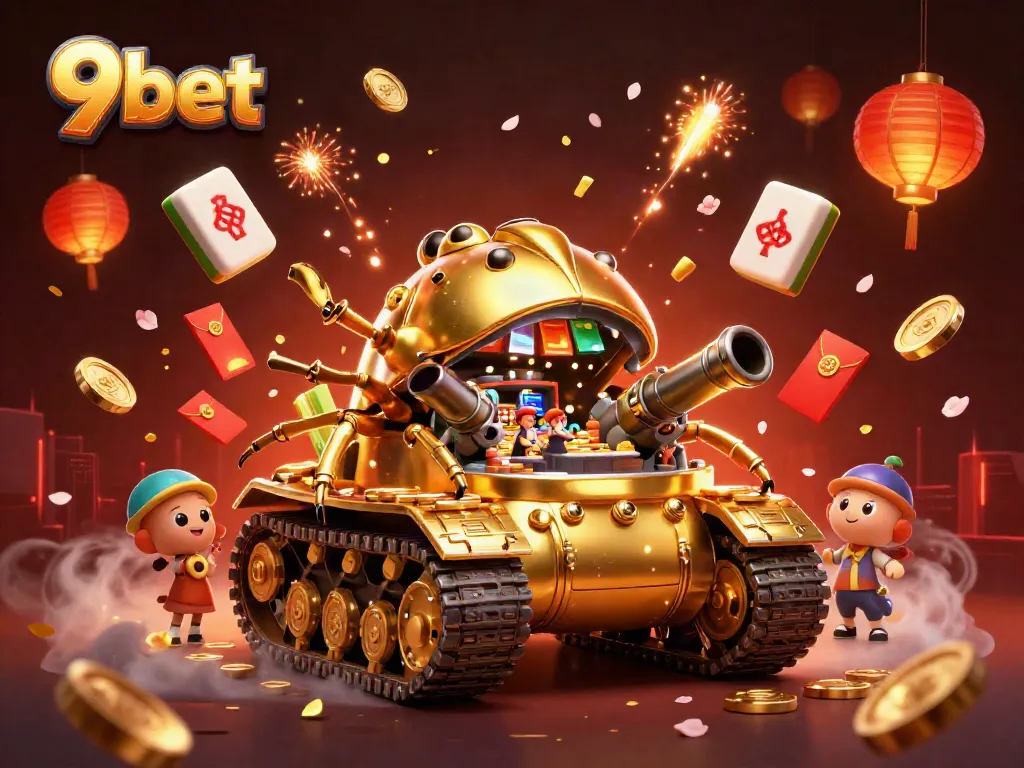 Engage with the luxurious 9bet casino experience inside a golden beetle tank amidst celebratory elements.