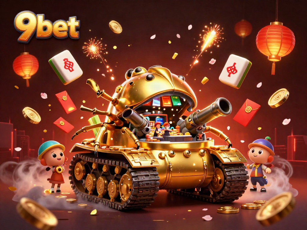 Engage with the luxurious 9bet casino experience inside a golden beetle tank amidst celebratory elements.