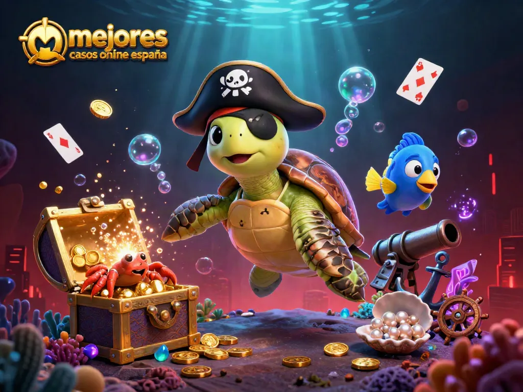 Mejores casinos online España: ilustración 3D dinámica con tortuga pirata y tesoros.