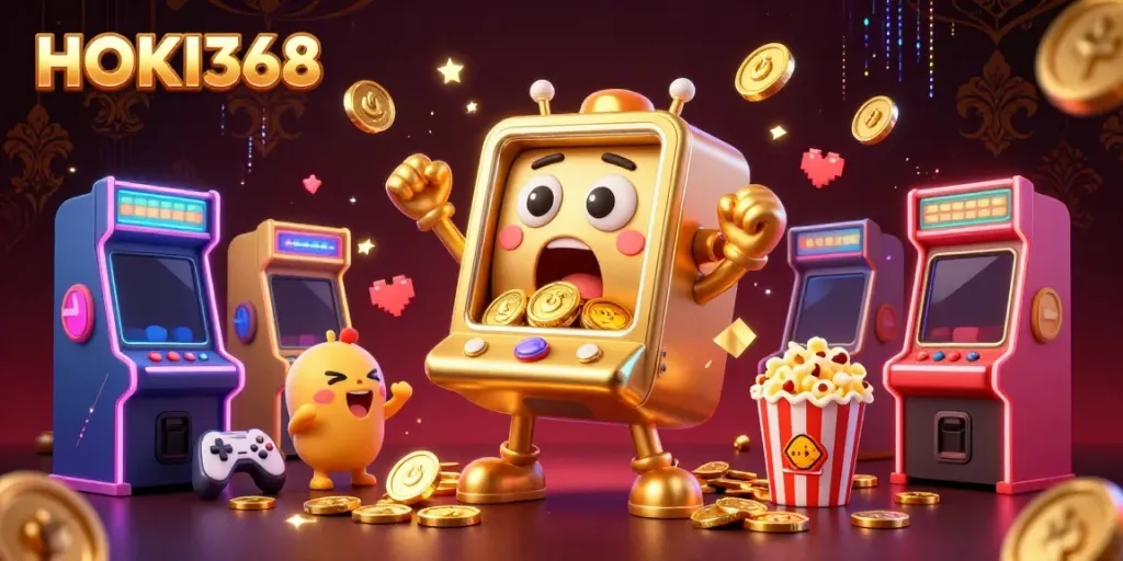Experience HOKI368’s thrilling jackpot moments with a lively illustration of golden slot machines and vibrant casino elements.