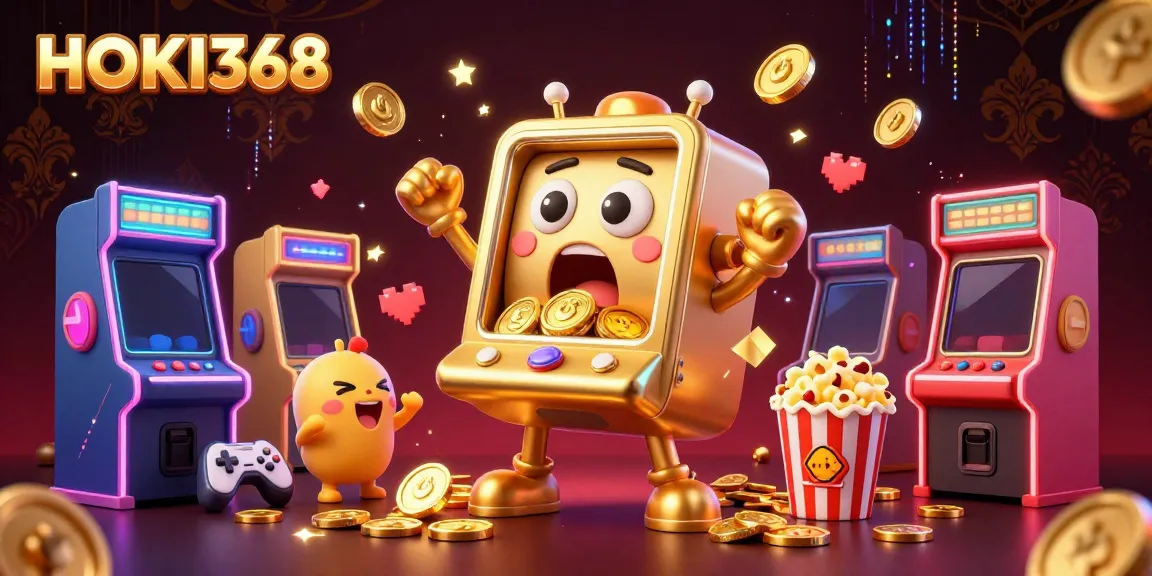 Experience HOKI368’s thrilling jackpot moments with a lively illustration of golden slot machines and vibrant casino elements.