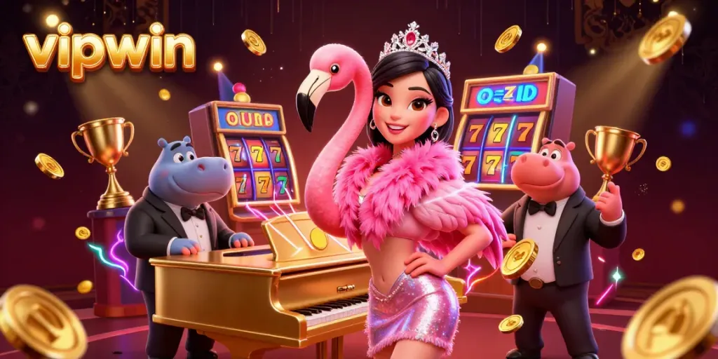 Experience thrilling gameplay at vipwin with dynamic cartoon characters in a vibrant casino setting.