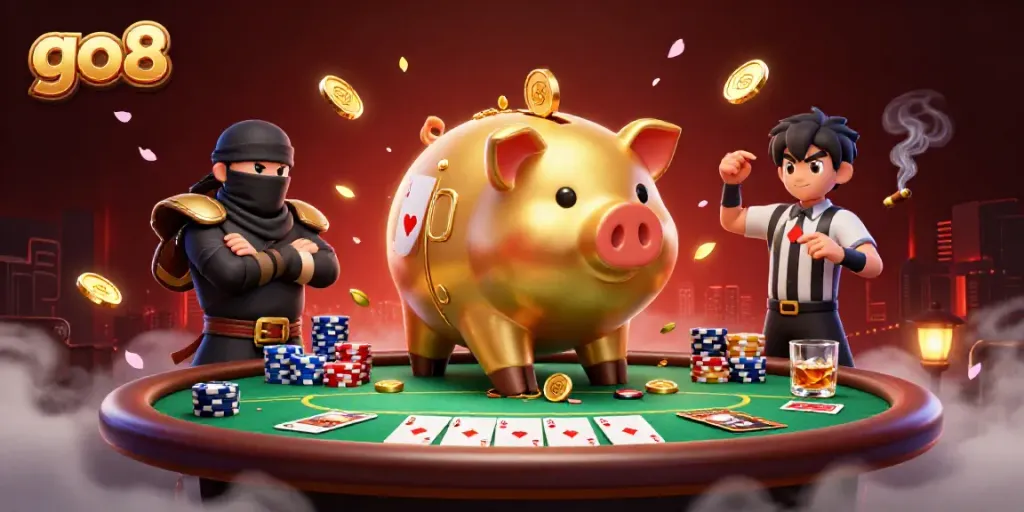 Experience thrilling gaming action with go8's massive gold piggy bank magician and dynamic casino elements.