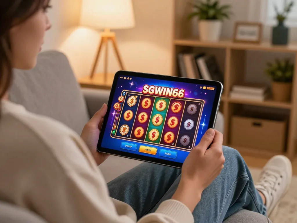 Playing SGWIN66 slot games on a tablet, enjoying home gaming experience.