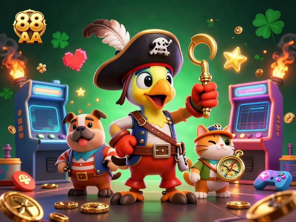 Experience 88 AA with a vibrant 3D casino scene featuring a pirate captain and a dog in action.
