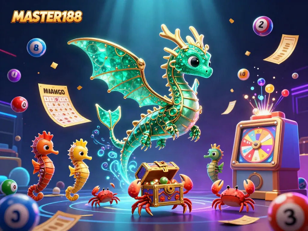 Engage in lottery excitement with MASTER188's vibrant sea dragon and colorful game elements.