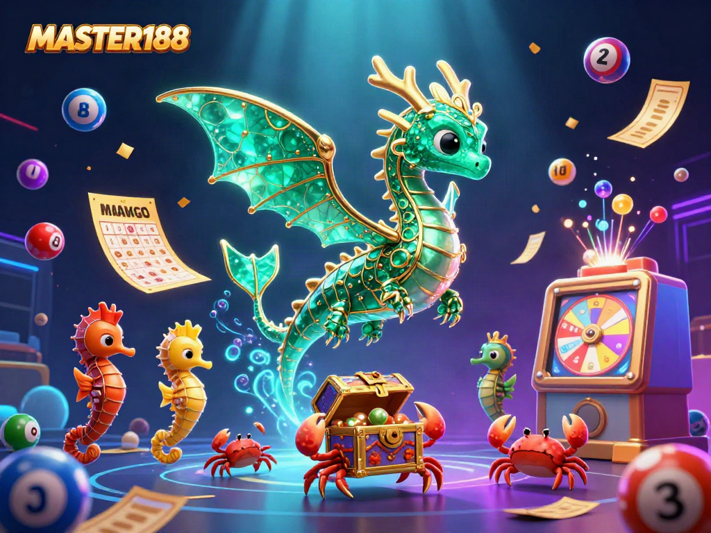 Engage in lottery excitement with MASTER188's vibrant sea dragon and colorful game elements.