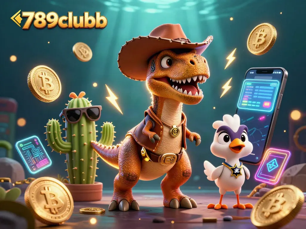 Experience the thrill of 789clubb with a cowboy dinosaur and crypto elements in a vibrant casino scene.