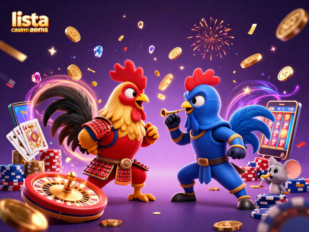 Gioca nei migliori casino non AAMS con questa ricca illustrazione 3D di combattimento tra galli e elementi di casinò.