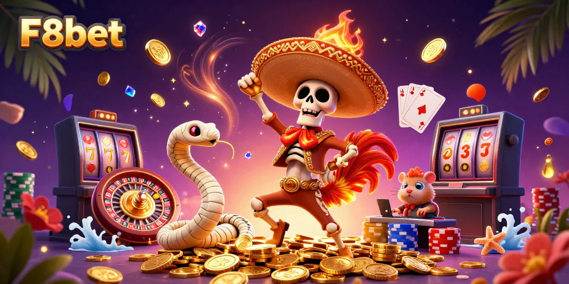 Experience winning moments and jackpots with F8bet, a vibrant casino illustration featuring dynamic characters and exciting game elements.