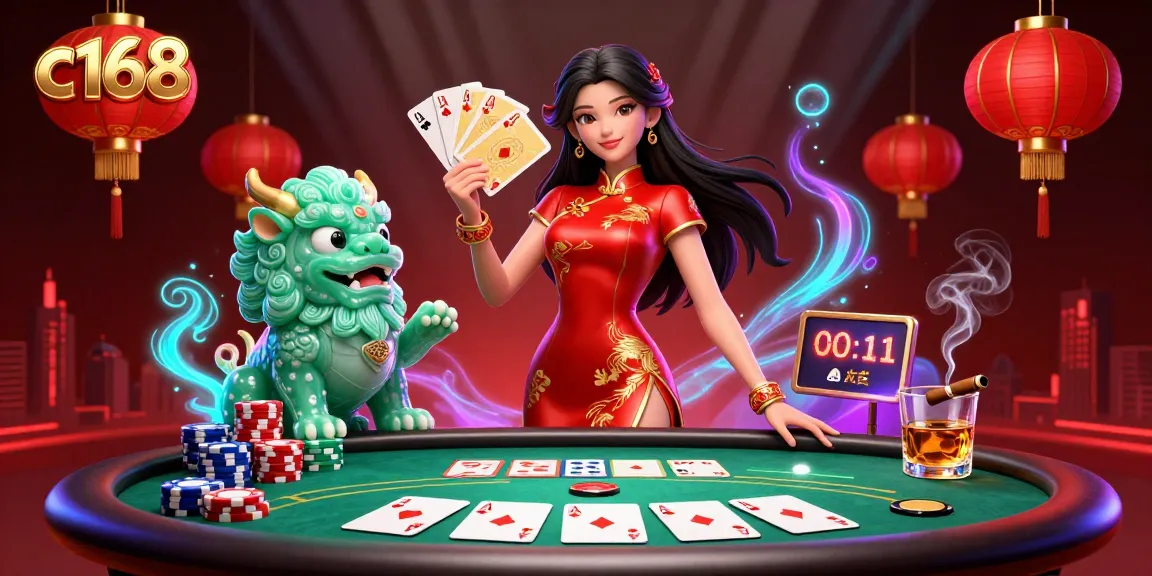 Play exciting card games at c168 with a stunning Asian-themed casino scene featuring a woman in a qipao.