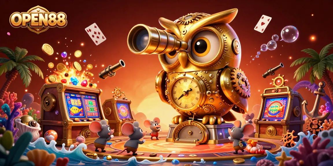 Experience the thrill of OPEN88 with golden owl scanning a vibrant casino floor filled with action.