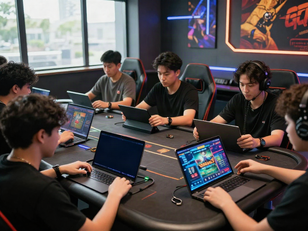 Players enjoying QQMacan online games on multiple devices in a modern gaming room.