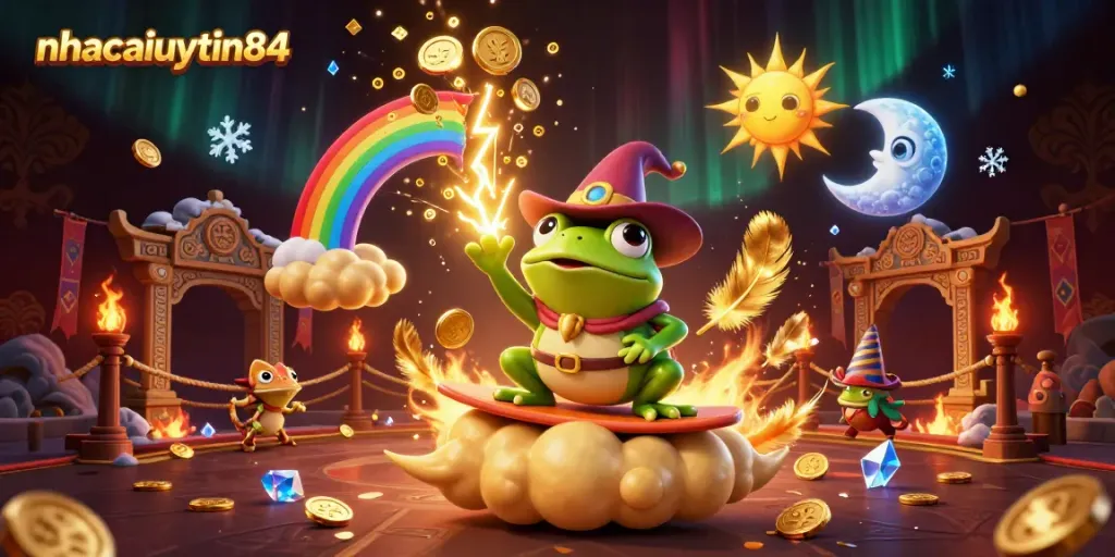Experience a vibrant gaming storm with nhacaiuytin84, as golden coins rain down amidst magical characters.