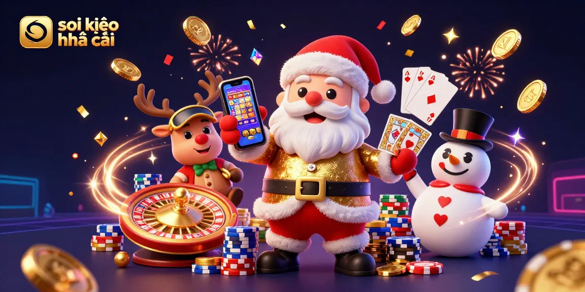 Sparking excitement with soi kèo nhà cái, Santa and friends celebrate in a glamorous casino scene.