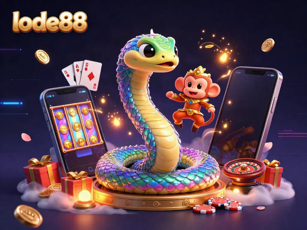 Experience the excitement of lode88 with colorful slots and vibrant characters in a magical casino scene.