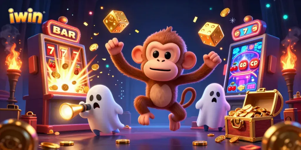 Experience iwin with mischievous characters in a vibrant, haunted casino environment filled with action.