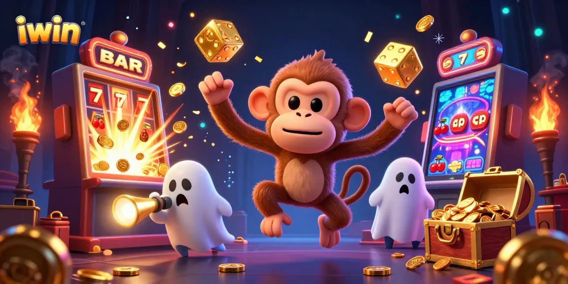 Experience iwin with mischievous characters in a vibrant, haunted casino environment filled with action.