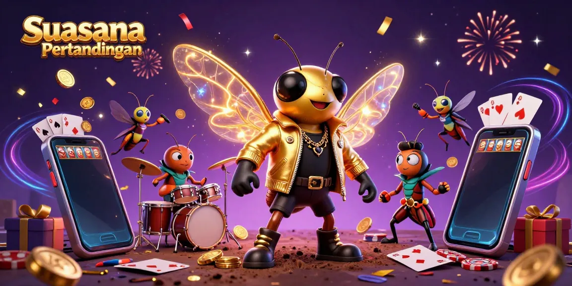 Experience the vibrant Suasana Pertandingan with a lively casino atmosphere, featuring animated rock characters.