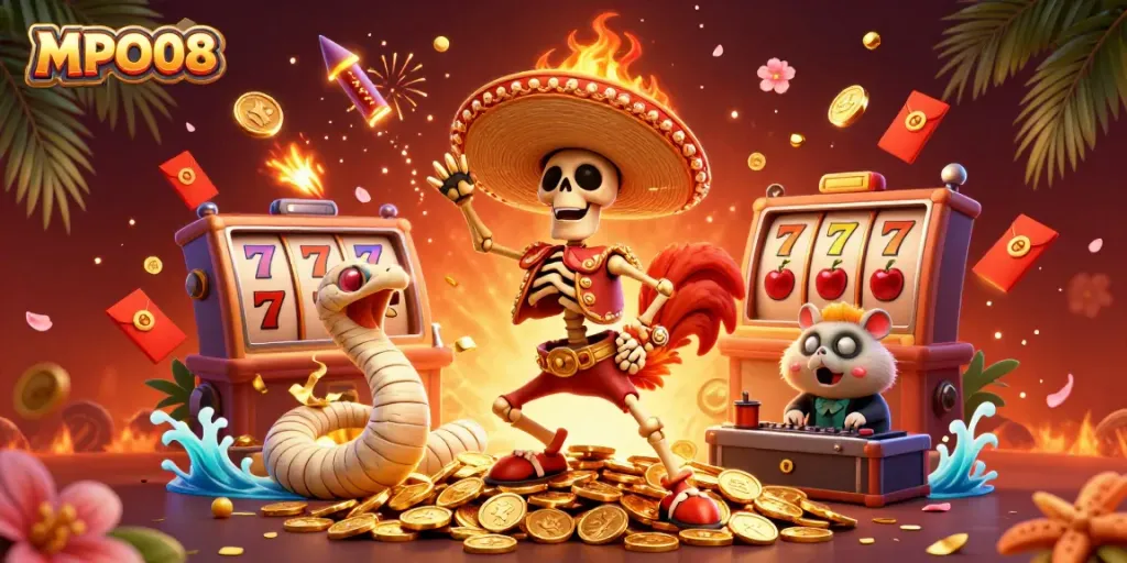 MPO08 platform featuring a skeleton mariachi rooster, mummy snake, and zombie hamster DJ celebrating wins in a vibrant casino scene.