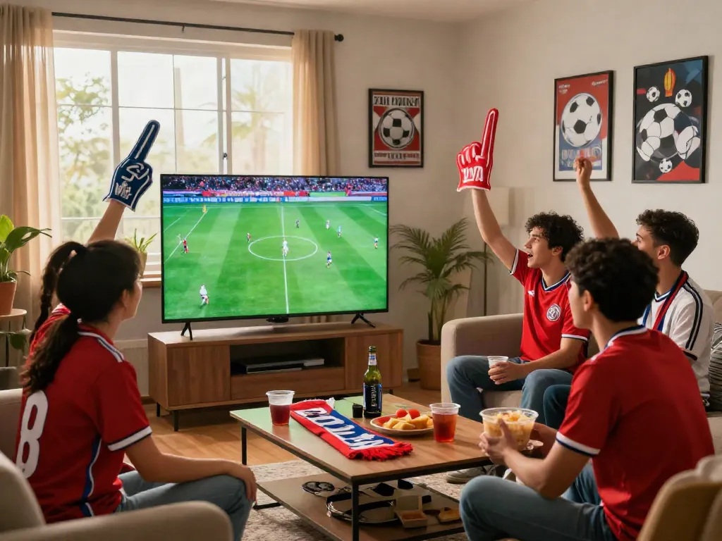 Fans enjoying a lively game at home, watching football on https://cakhiatv.team/ with snacks and team gear.