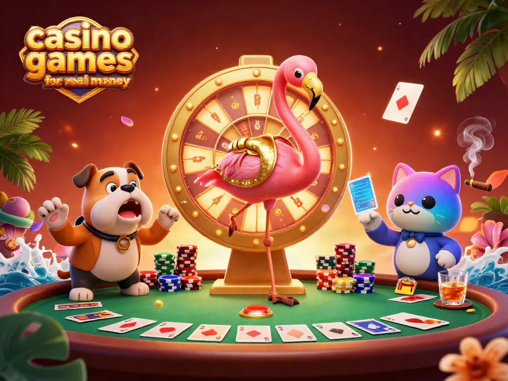 Experience exciting casino games for real money with a game show host, bulldog contestant, and prizes.