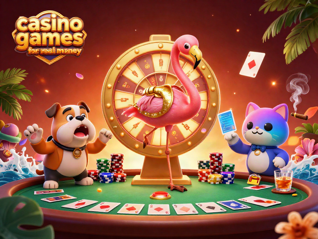 Experience exciting casino games for real money with a game show host, bulldog contestant, and prizes.