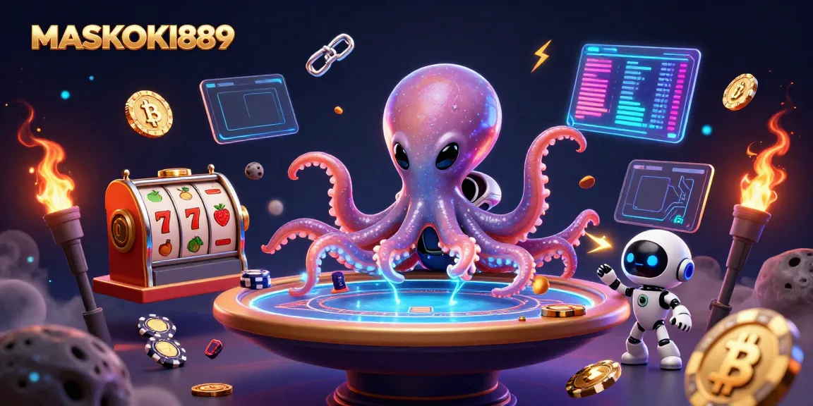 Experience thrilling slots action with MASKOKI889's vibrant 3D illustration featuring an alien octopus.