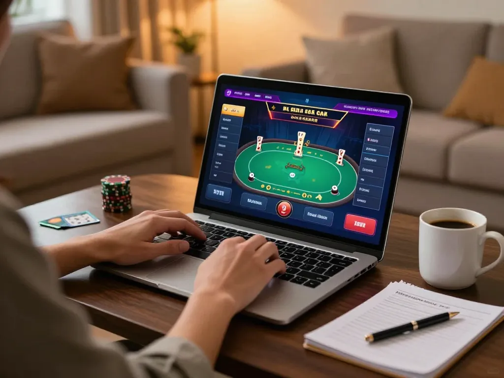 Engaged player using kp88220 for an online poker game at home, with strategy notes visible.