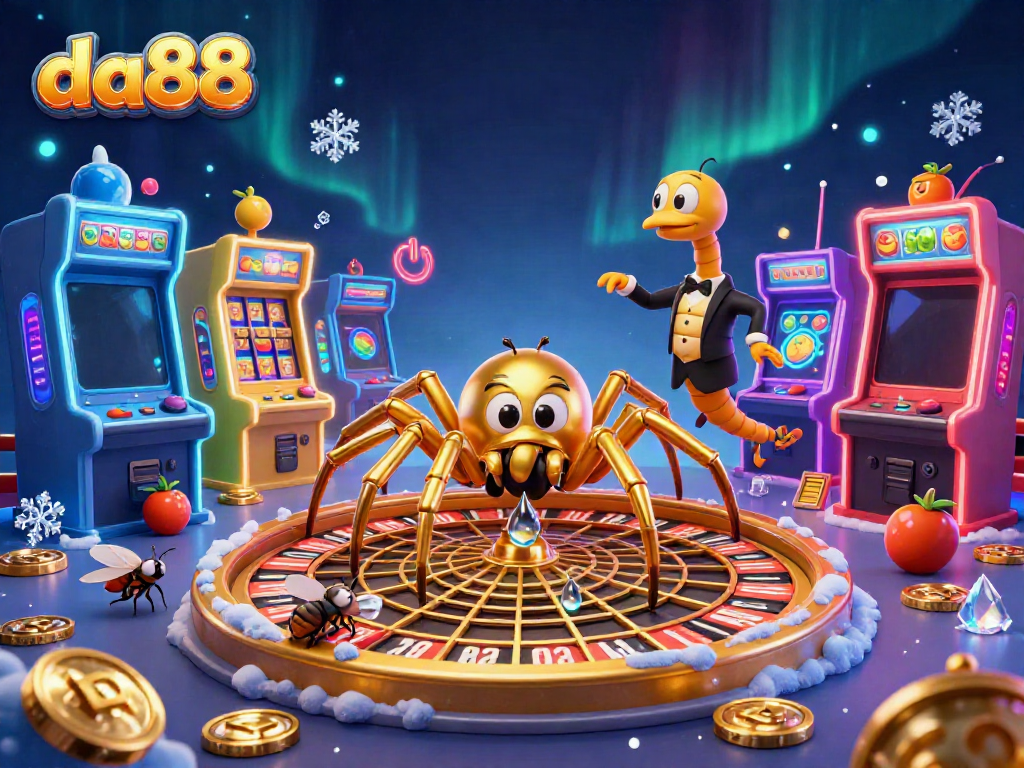 Experience thrilling betting at da88 with a golden spider and whimsical characters in an enchanting casino scene.