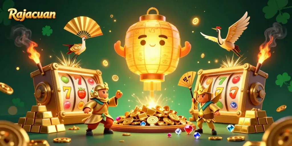 Win big at Rajacuan's vibrant casino with spinning slots and glowing treasures, showcasing joyous game excitement.