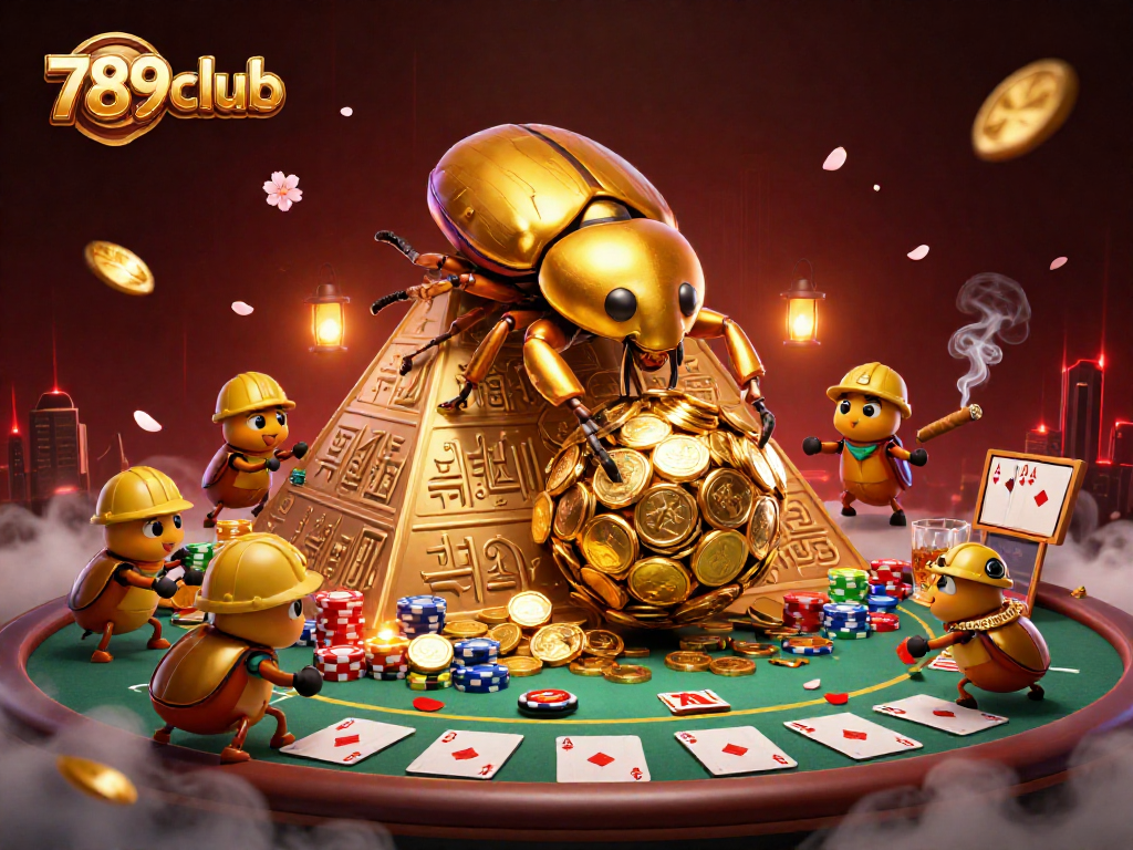 Join the excitement of 789club, where a golden beetle rolls coins alongside poker elements in a vibrant casino scene.